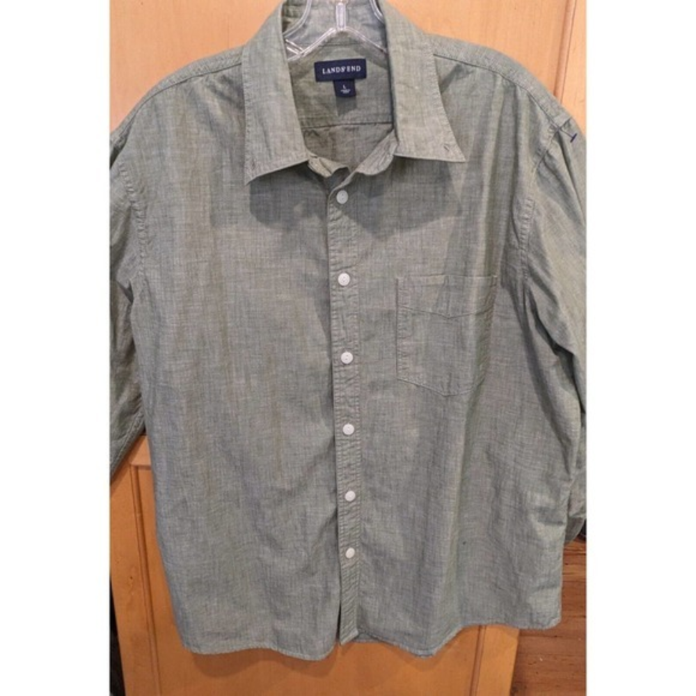 Lands End Button‎ Down Shirt Size Large Long Sleeve Collared Grey/Green